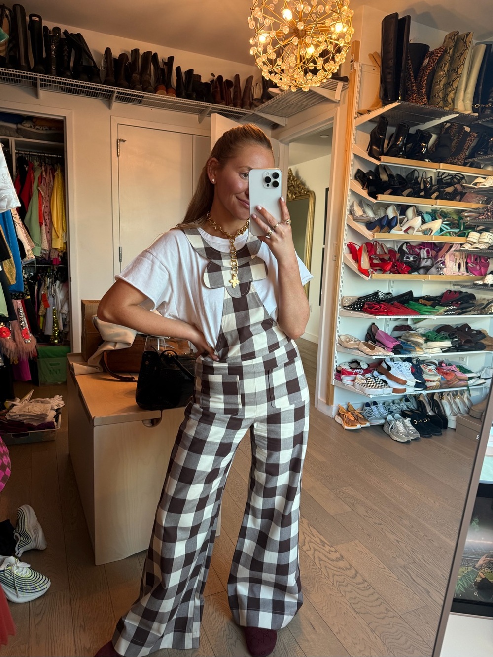 Checked Brown & White Wide-Leg Overalls